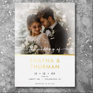 Moderne Schwarz-Weiß-Script-Foto-Minimal-Hochzeit Folieneinladung