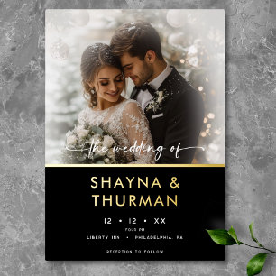 Moderne Schwarz-Weiß-Script-Foto-Minimal-Hochzeit Folieneinladung