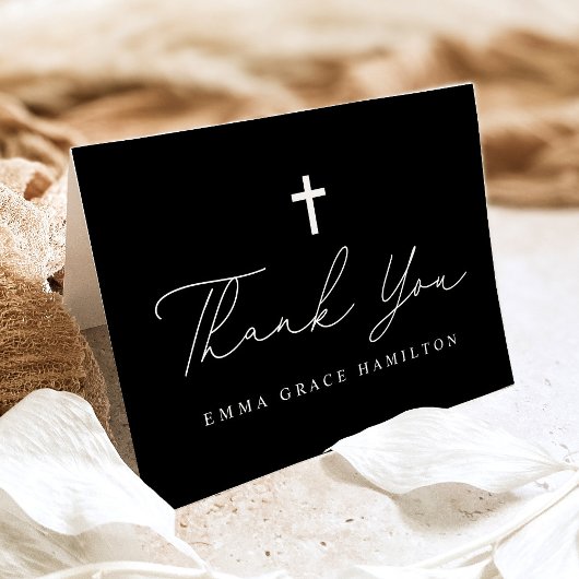 Moderne Schwarz-Weiß-Script-Foto-Taufe Dankeskarte