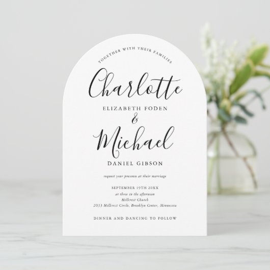 Moderne Schwarz-Weiß-Script-Hochzeit Einladung (Stehend Vorderseite)