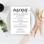 Moderne Schwarz-Weiß-Script-Hochzeit Menükarte<br><div class="desc">Moderne und schicke Schwarz-Weiß-Hochzeitsmenükarten zeichnen sich durch ein stilvolles schwarzes typografisches Design mit fett kalligraphischen Schriftzeichen und eleganten,  individuellen Text aus,  der mit Ihren köstlichen Dinner-Menüdetails und einem Monogramm der Braut- und Bräutigamen sowie dem Hochzeitstag personalisiert werden kann.</div>