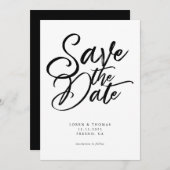 Moderne Schwarz-Weiß-Script-Hochzeit Save The Date (Vorne/Hinten)