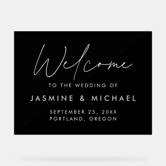 Moderne Schwarz-Weiß-Script-Hochzeit Willkommen Acrylschild (Vorderseite)