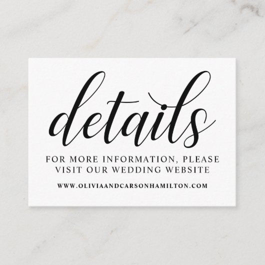 Moderne Schwarz-Weiß-Script-Hochzeitsdetails Begleitkarte (Vorderseite)