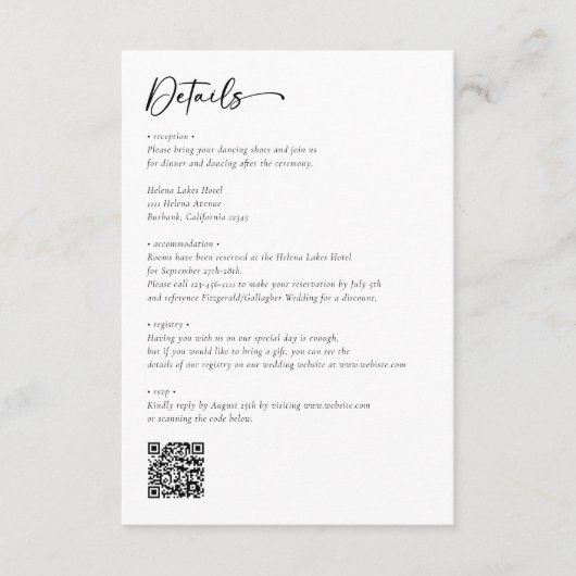 Moderne Schwarz-Weiß-Script-QR-Hochzeit Begleitkarte (Vorderseite)