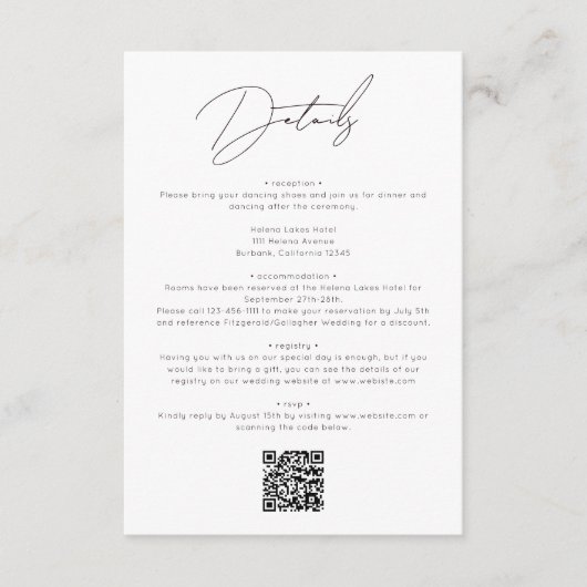 Moderne Schwarz-Weiß-Script-QR-Hochzeit Begleitkarte (Vorderseite)