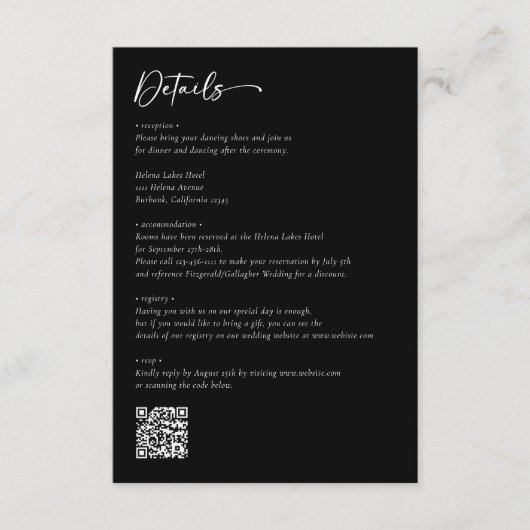 Moderne Schwarz-Weiß-Script-QR-Hochzeit Begleitkarte (Vorderseite)