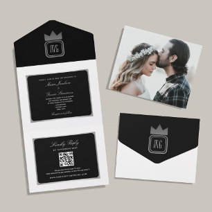 Moderne Schwarz Weiß Silber Monogramm Foto Hochzei All In One Einladung