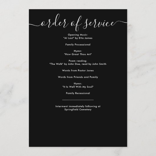 Moderne Schwarz-Weiß-Skriptbeerdigung Programm (Rückseite)