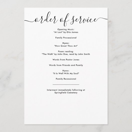 Moderne Schwarz-Weiß-Skriptbeerdigung Programm (Rückseite)