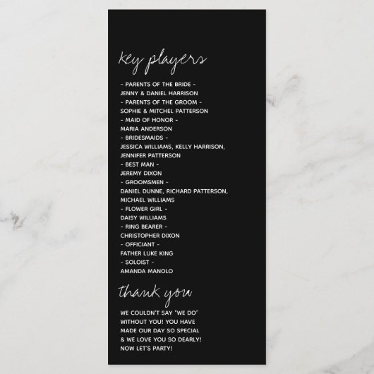 Moderne Schwarz-Weiß-Skripte Minimalistische Hochz Programm (Rückseite)