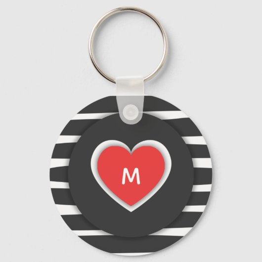 Moderne Schwarz-Weiß-Streifen-Monogramm des roten Schlüsselanhänger (Vorderseite)