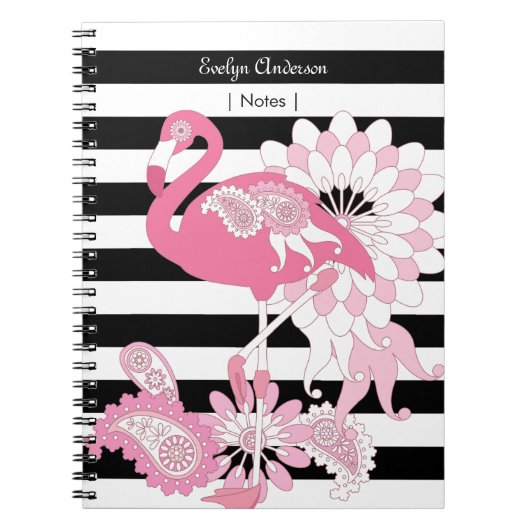 Moderne Schwarz-Weiß Streifen rosa Flamingo Notizblock (Vorderseite)