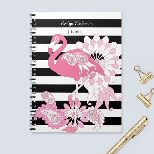 Moderne Schwarz-Weiß Streifen rosa Flamingo Notizblock
