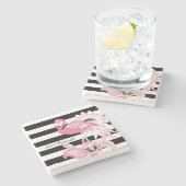 Moderne Schwarz-Weiß Streifen rosa Flamingo Steinuntersetzer (Seitenansicht)