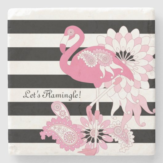 Moderne Schwarz-Weiß Streifen rosa Flamingo Steinuntersetzer (Vorderseite)