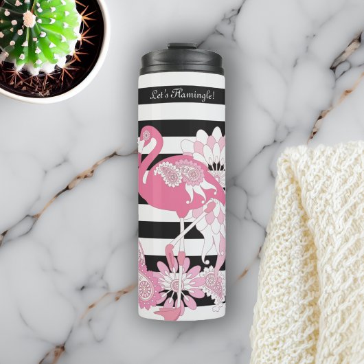 Moderne Schwarz-Weiß Streifen rosa Flamingo Thermosbecher