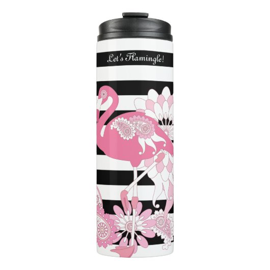 Moderne Schwarz-Weiß Streifen rosa Flamingo Thermosbecher (Vorderseite)