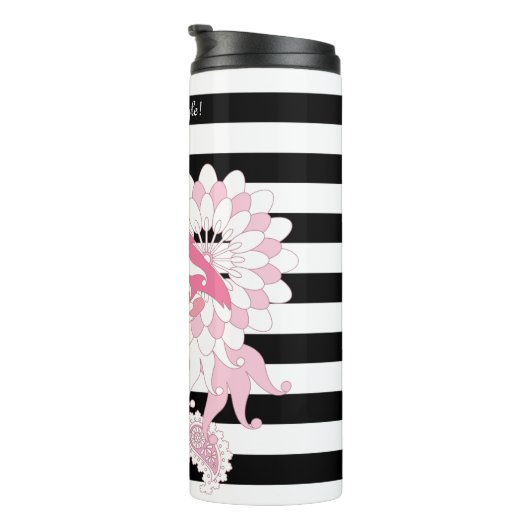 Moderne Schwarz-Weiß Streifen rosa Flamingo Thermosbecher (Nach rechts gedreht)