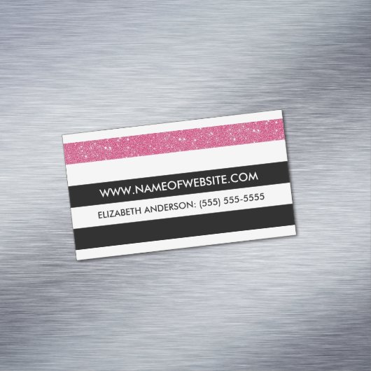 Moderne Schwarz-Weiß-Streifen Rosa IMITATE Glitz Magnetische Visitenkarte (Beispiel)
