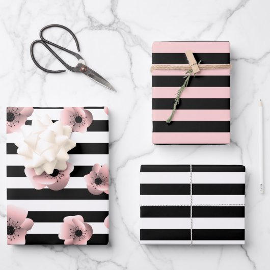 Moderne Schwarz-Weiß-Streifen und rosa Blume Geschenkpapier Set (Vorderseite)