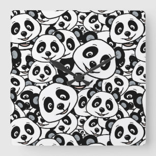 Moderne Schwarz-Weiß Süße Panda-Bär-Muster Quadratische Wanduhr