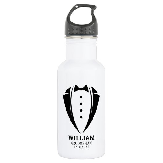 Moderne Schwarz-Weiß-Tuxedo-Trauzeuge-Geschenke Edelstahlflasche (Vorderseite)