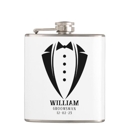 Moderne Schwarz-Weiß-Tuxedo-Trauzeuge-Geschenke Flachmann (Vorderseite)