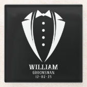 Moderne Schwarz-Weiß-Tuxedo-Trauzeuge-Geschenke Glasuntersetzer (Vorderseite)