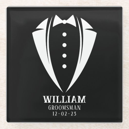 Moderne Schwarz-Weiß-Tuxedo-Trauzeuge-Geschenke Glasuntersetzer (Vorderseite)