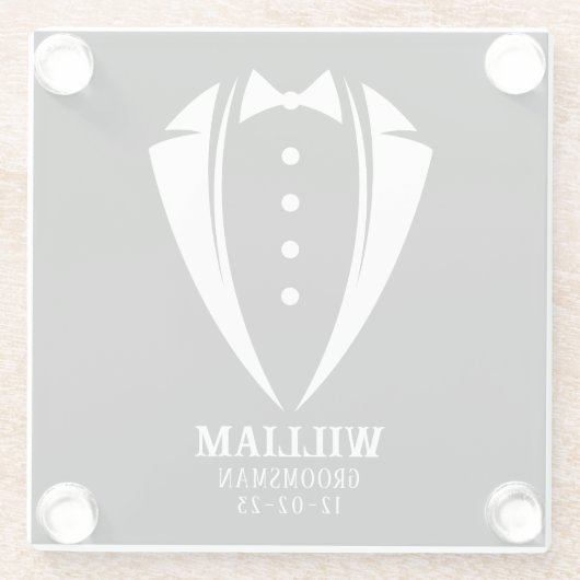 Moderne Schwarz-Weiß-Tuxedo-Trauzeuge-Geschenke Glasuntersetzer (Rückseite)