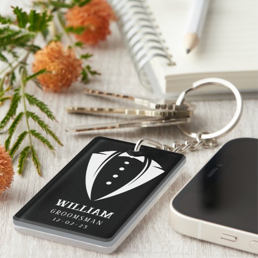 Moderne Schwarz-Weiß-Tuxedo-Trauzeuge-Geschenke Schlüsselanhänger (Vorderseite rechts)