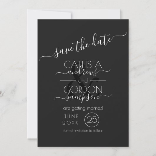 Moderne Schwarz-Weiß-Typografie-Hochzeit Save The Date (Vorderseite)