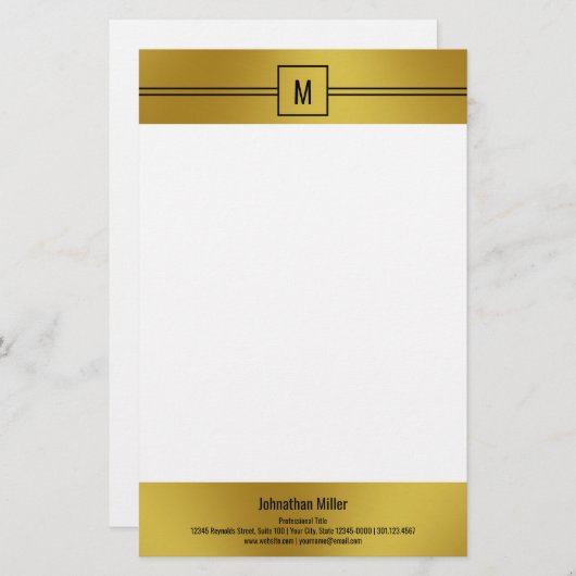 Moderne Schwarz-weiß- und Goldmonogramm-Vorlage Briefpapier (Vorne/Hinten)