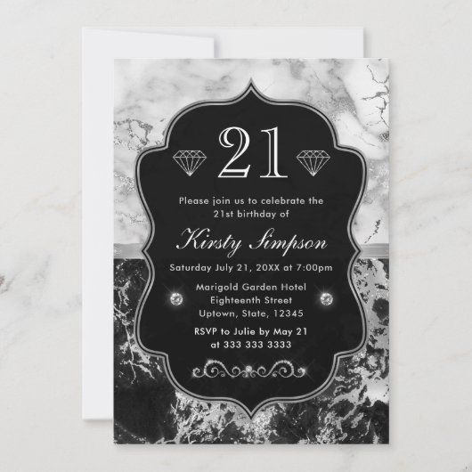 Moderne Schwarz-, Weiß- und Silbermarmor zum Gebur Einladung (Vorderseite)