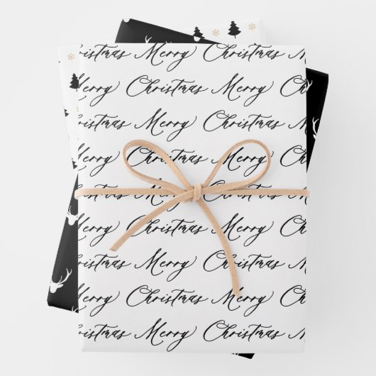 Moderne Schwarz-Weiß-Weihnachtsbäume & Rentier Geschenkpapier Set (Beispiel)