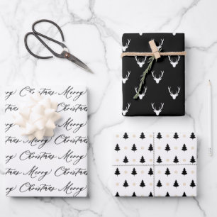 Moderne Schwarz-Weiß-Weihnachtsbäume & Rentiere Geschenkpapier Set
