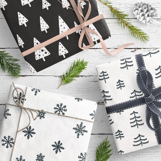Moderne Schwarz-Weiß Weihnachtsbaumen Schneeflocke Geschenkpapier Set