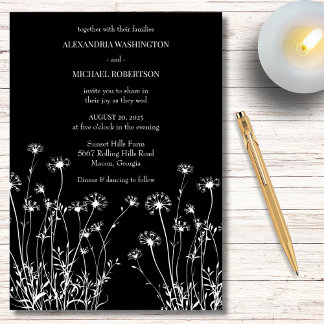 Moderne Schwarz-Weiß-Wildblume-Hochzeit Einladung