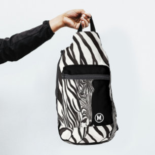 Moderne Schwarz-Weiß-Zebrastreifen-Druck Name Init Crossbody Bag