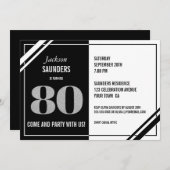 Moderne Schwarz-weiße 80. Geburtstagsparty Einladung (Vorne/Hinten)