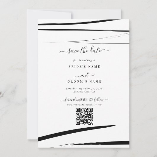 Moderne Schwarz-weiße Abstrakte QR-Hochzeit Save The Date (Vorderseite)