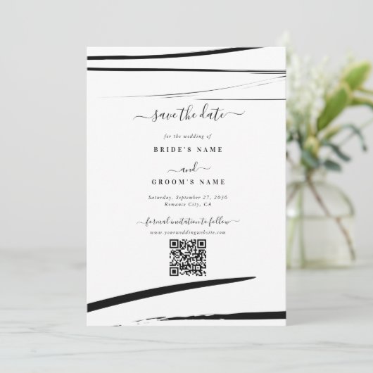 Moderne Schwarz-weiße Abstrakte QR-Hochzeit Save The Date (Stehend Vorderseite)