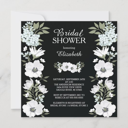 Moderne Schwarz-weiße Blume Bridal Dusche Einladun Einladung (Vorderseite)