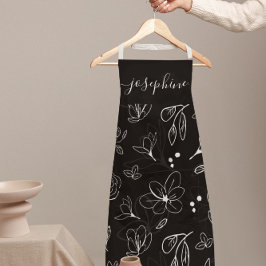 Moderne Schwarz-weiße Blumenlinie personalisiert Schürze
