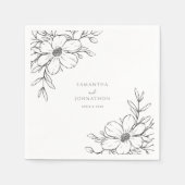 Moderne Schwarz-weiße Blumenreihe Zeichnend Hochze Serviette (Vorderseite)