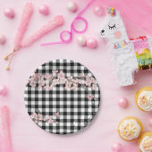 Moderne Schwarz-weiße Buffalo-Karos Cherry Blossom Pappteller (Party)