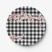 Moderne Schwarz-weiße Buffalo-Karos Cherry Blossom Pappteller (Vorderseite)