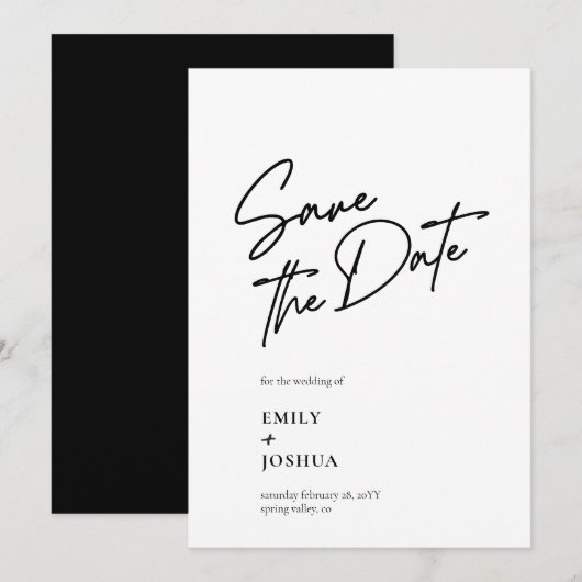 Moderne Schwarz-Weiße Casual-Script-Hochzeit Save The Date (Vorne/Hinten)