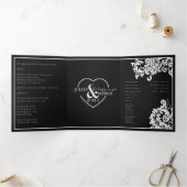 Moderne Schwarz-weiße Damaske Hochzeit Dreifach-gefaltete Programmkarte (Innenseite)
